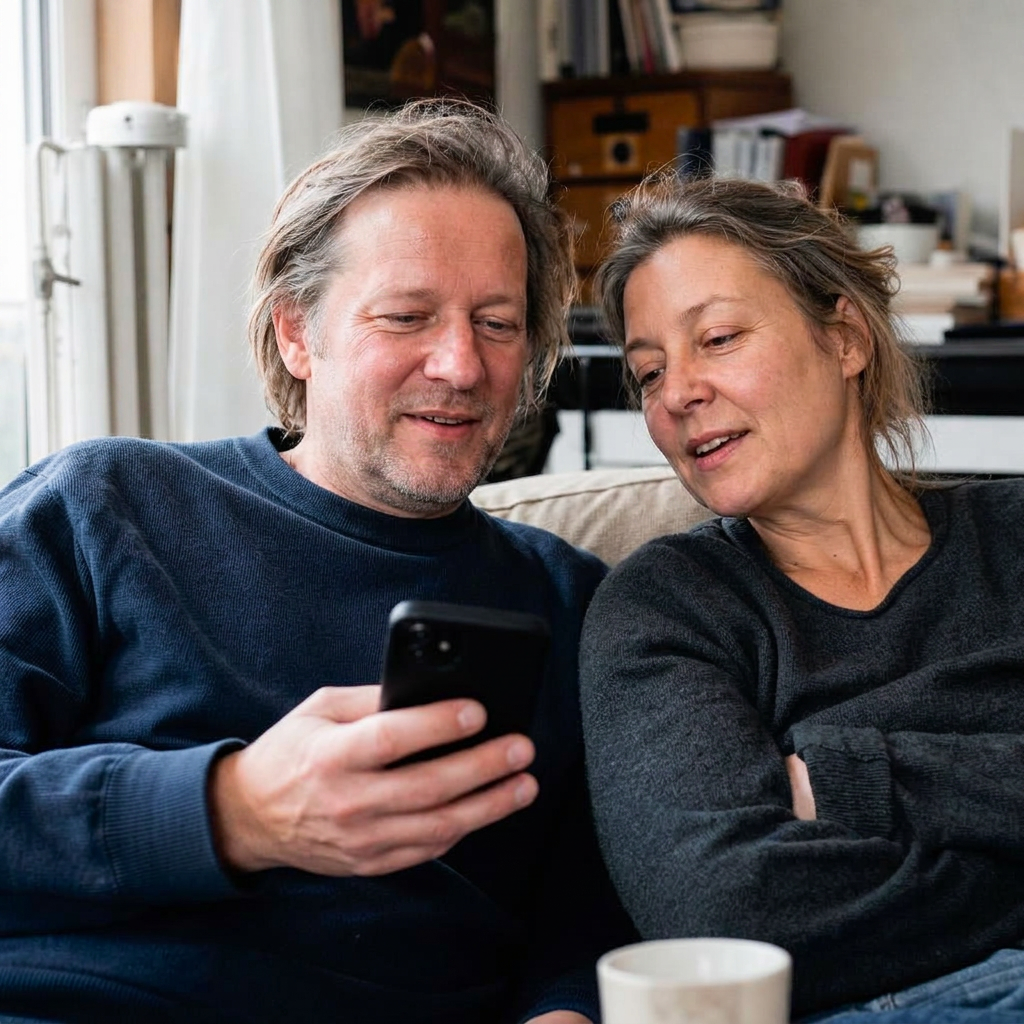 Par sidder sammen og tjekker deres pension på telefonen